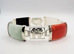 Vintage Multi Colour Jade Sterling Silver Link Bracelet with Elephant Motif