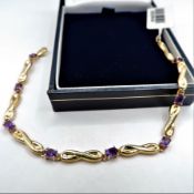 Gold on Sterling Silver Amethyst Gemstone Bracelet 'NEW' with Gift Box