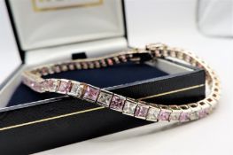 Sterling Silver Pink & White Gemstone Tennis Bracelet with Gift Pouch