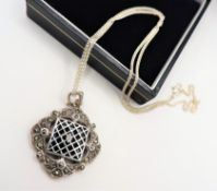 Vintage Sterling Silver Marcasite & Jet Pendant Necklace with Gift Pouch