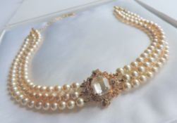 Princess Diana Inspired Triple Strand Pearl & Crystal Choker