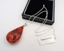 Sterling Silver Baltic Amber Teardrop Pendant Necklace