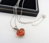 Sterling Silver Amber Heart Pendant Necklace Ne with Gift Pouch