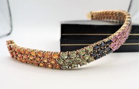 Gold on Sterling Silver 112 Stone (39CT) Multi Colour Sapphire Gemstone Bracelet with Gift Box