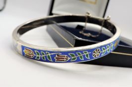 Vintage Sterling Silver Cloisonne Hinged Bangle