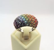 Sterling Silver Rainbow Sapphire & Topaz Ring set with 77 Gemstones
