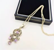 Sterling Silver Pink Topaz & Marcasite Pendant Necklace with Gift Pouch