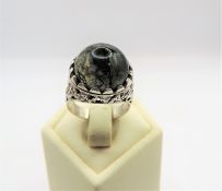 Artisan sterling Silver Cabochon Moss Quartz Gemstone Ring