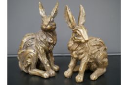 Set of 2 Wood Effect Hare Ornaments