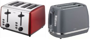 2 x Logik Toasters. 1 x 4 Slice – Red LO4TR19. 1 x 2 Slice – Grey LO2TGS21