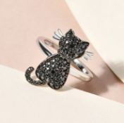 New! Black Diamond Cat Ring in Black and Platinum Overlay Sterling Silver