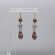 Pair of Vintage Styled Natural Cabochon Garnet and Diamond Drop Earrings, Boxed