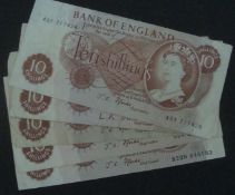 5 x 1960's Ten Shilling Notes