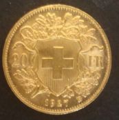 1927 Gold Swiss 20 Franc Coin