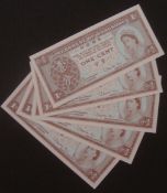 5 X HONG KONG ONE CENT BANKNOTES