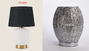 3 x Lamps. 2 x White Tortoise Glass Table Lamps 51006510. 1 x Moroccan Pot Lamp 51126306