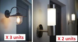 5 x Solar Wall Lights. 3 x Solar Powered Filament Wall Lights Black. 2 x White Led Solar Wall Lig...