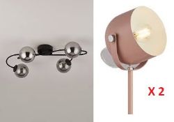 3 x Mixed Lights. 1 x Black Glass Ceiling Fitting 50206782. 2 x Misty Rose Desk Lamps 5006784.