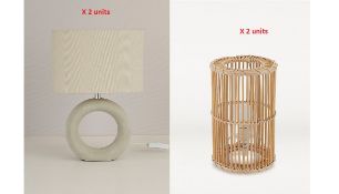 4 x Mixed Lights. 2 x Concrete Donut Lamps 50206778. 2 x Rattan Table Lamps 50190287.