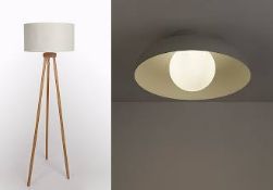 1 x Cream Wooden Tripod Floor Lamp 50557397. 1 x Grey & Glass Flush Ceiling Light Fitting 5122462...