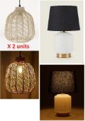 3 x Contemporary Table Lamps. 2 x Rattan Pendant Light 50190283. 1 x Gold & White Glass Table Lam...
