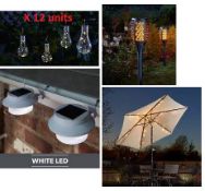 19 x Mixed Garden Lights. 12 x Mini Hanging Solar Light Bulbs 50813298. 2 x Flame Solar Stake Lig...