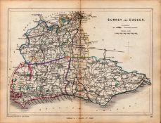 Antique Railway Map of Surrey & Sussex Drawn & Engraved by John Emslie.