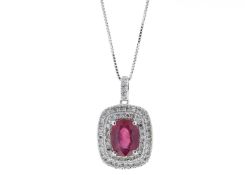 9ct White Gold Oval Ruby And Diamond Cluster Pendant (R1.54) 0.28 Carats