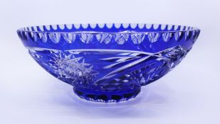 Vintage Czech Blue Cut Overlay Glass Bowl