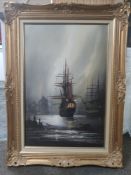 Renowned Barry Hilton Oil On Canvas Painting Depicting Marine and Tall Ship Scene