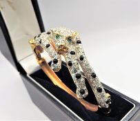Vintage Gold Plated Enamel Crystal Panther Bracelet Bangle