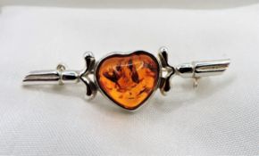 Artisan Sterling Silver Baltic Amber Heart Brooch