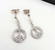 NEW Sterling Silver Diamond Set Peace Sign Drop Earrings With Gift Box