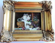 Gilt Framed Oil On Board Mother Cat & Kittens Artist Signed H. Jorden