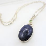Artisan Chunky Sterling Silver Lapis Lazuli & Peridot Pendant Necklace