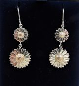 Gold & Sterling Silver Daisy Drop Earrings New With Gift Pouch