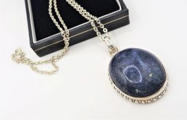 Artisan Sterling Silver Large Cabochon Lapis Lazuli Pendant Necklace