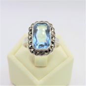 Vintage Sterling Silver 5CT Swiss Blue Topaz & Marcasite Ring