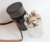 Art Deco Triple Glass Flask Set In Leather Holder
