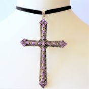 Large Gothic Style Sterling Silver 12ct Amethyst Cross Pendant Necklace