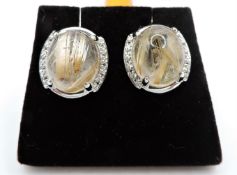 Sterling Silver Golden Rutilated Cabochon Quartz & Diamond Earrings New With Gift Box