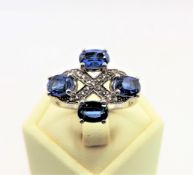 Sterling Silver Sapphire & Diamond Ring New With Gift Box