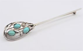 Vintage Artisan Sterling Silver Turquoise Bar Brooch 8.5cm Long