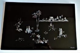 Vintage Oriental Black Lacquer & Mother of Pearl Picture Panel 60cm x 40cm Artist Signed