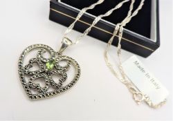 Sterling Silver Peridot & Marcasite Heart Pendant Necklace New With Gift Pouch