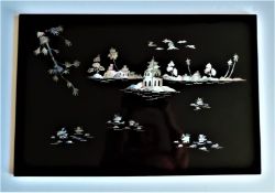 Vintage Oriental Black Lacquer & Mother of Pearl Picture Panel 60cm x 40cm