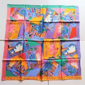 C. 1980's Ken Done Silk Scarf 'Postcards from Sydney' New Never Used In Original Box