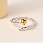 New! Platinum and 18K Yellow Gold Vermeil Plated Sterling Silver Adjustable Heart Ring
