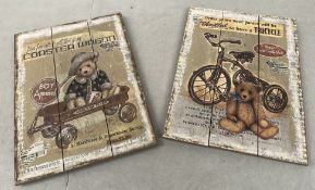 4 Pairs of High Vintage Style Prints on Wooden Backing Boards, Ready to Hang (Teddy Bears)