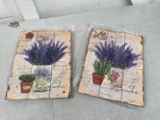 Box of 4 Pairs of Vintage Style Wooden Backed Lavender Prints Ready to Hang